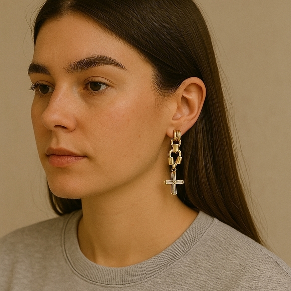 Pretty Bird Crystal Cross Drop Earrings – Gold-Plated Glam with Edge - Picture 1 of 7